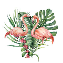 Watercolor Heart With Palm Leaves And Flamingo. Hand Painted Exotic Bird, Coconut And Banana Branch, Monstera, Berries Isolated On White Background. Love. Print For Design Or Card.