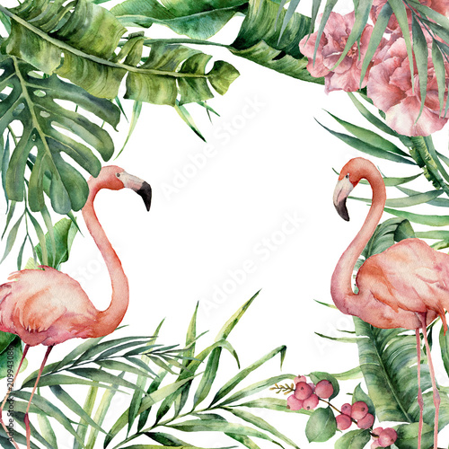 Obrazy flamingi  akwarela-egzotyczna-karta-z-flamingiem-recznie-malowana-ilustracja-kwiatowa-z-bananem-i-kokosem