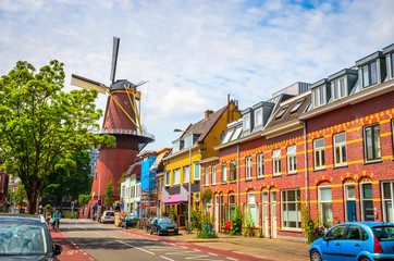 Wall Mural - Traditional old mill and houses in Utrecht, Netherlands.