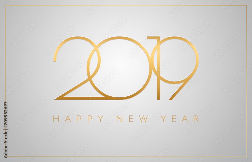 2019 Happy New Year greeting card - golden numbers on a silver background - vector 2019 New Year celebration - obrazy, fototapety, plakaty 
