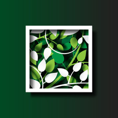 Aufkleber - Paper cut of tropical green leaves of plants with origami white frame template abstract background.Vector illustration.