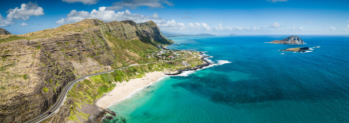 Makapuu Point Beach Seascape Panorama with Islands