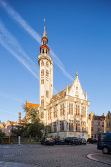 Sticker - The Poortersloge building  on the Jan van Eyck square in the old town of Bruges (Brugge), Belgium