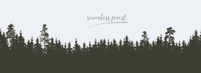 seamless, wide green silhouette of tree and forest peaks, isolated on background