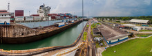 GATUN, PANAMA - MAY 29, 2016: Container Ship Cosco Boston Is Passing Through Gatun Locks, Part Of Panama Canal.