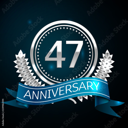 Poster Realistic Forty seven Years Anniversary Celebration Design with Silver Ring and Laurel Wreath, blue ribbon on blue background