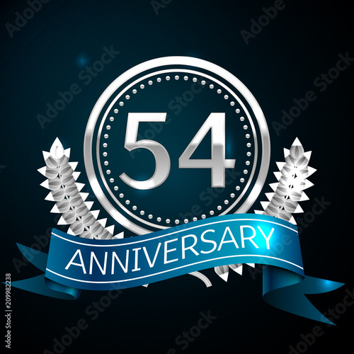 Poster Realistic Fifty four Years Anniversary Celebration Design with Silver Ring and Laurel Wreath, blue ribbon on blue background