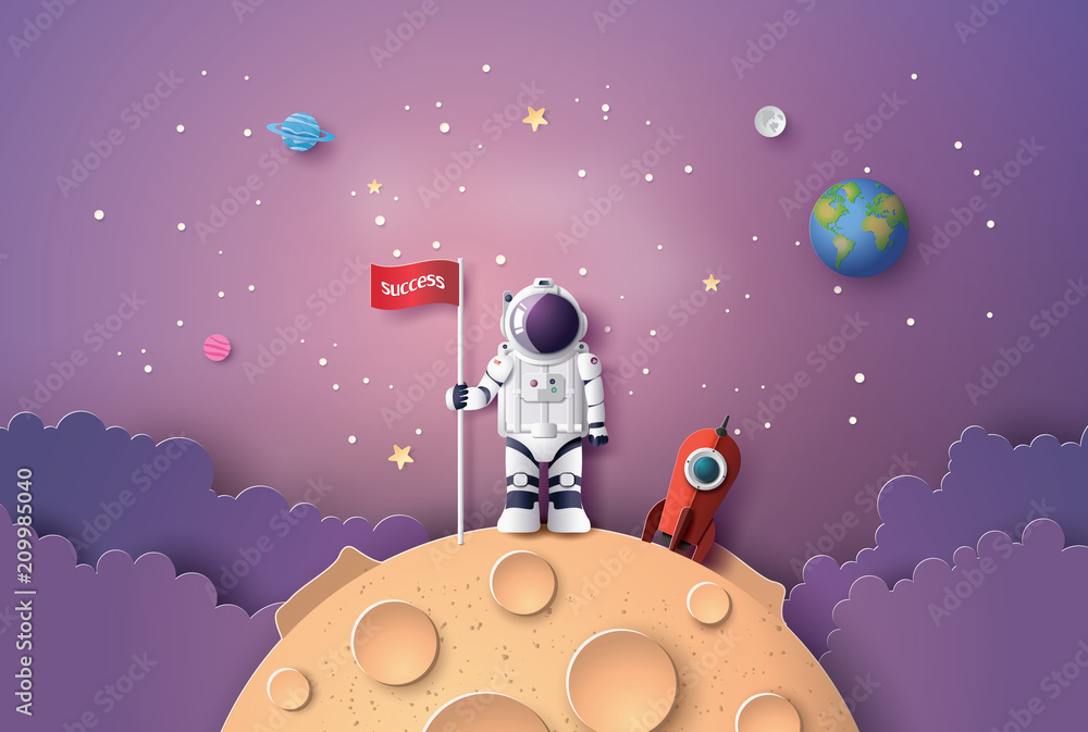 Astronaut with Flag on the moon - obrazy, fototapety, plakaty 