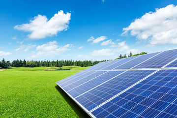  Solar panels and green grass under the blue sky