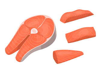 Sticker - Cartoon Steak and Pieces of Salmon Set. Vector