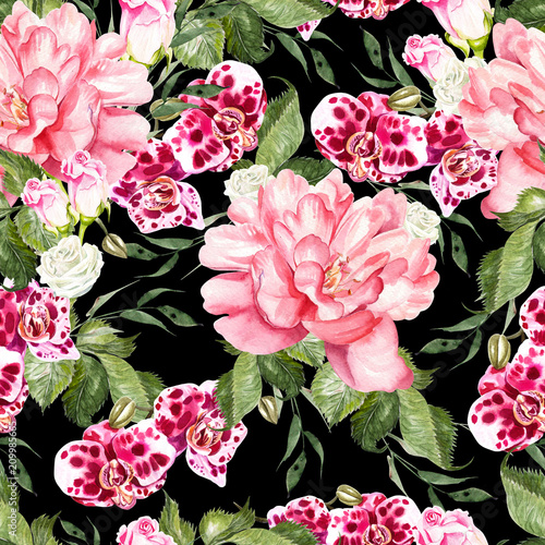 Bright watercolor seamless pattern with flowers roses, peony and orchids.