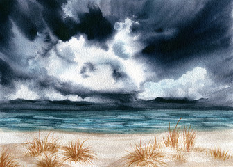 Watercolor Landscape with Sea and Dark Sky