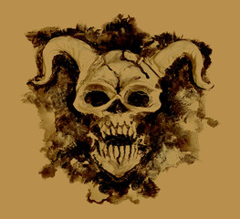 Wall Mural - Demon skull face on sepia background. Death symbol, occult, esoteric and Halloween illustration