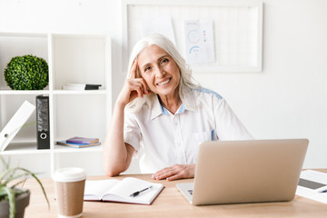 Poster - Happy mature woman using laptop computer.