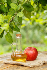 apple vinegar in glass bottle and fresh red apple on wooden boards with green natural background