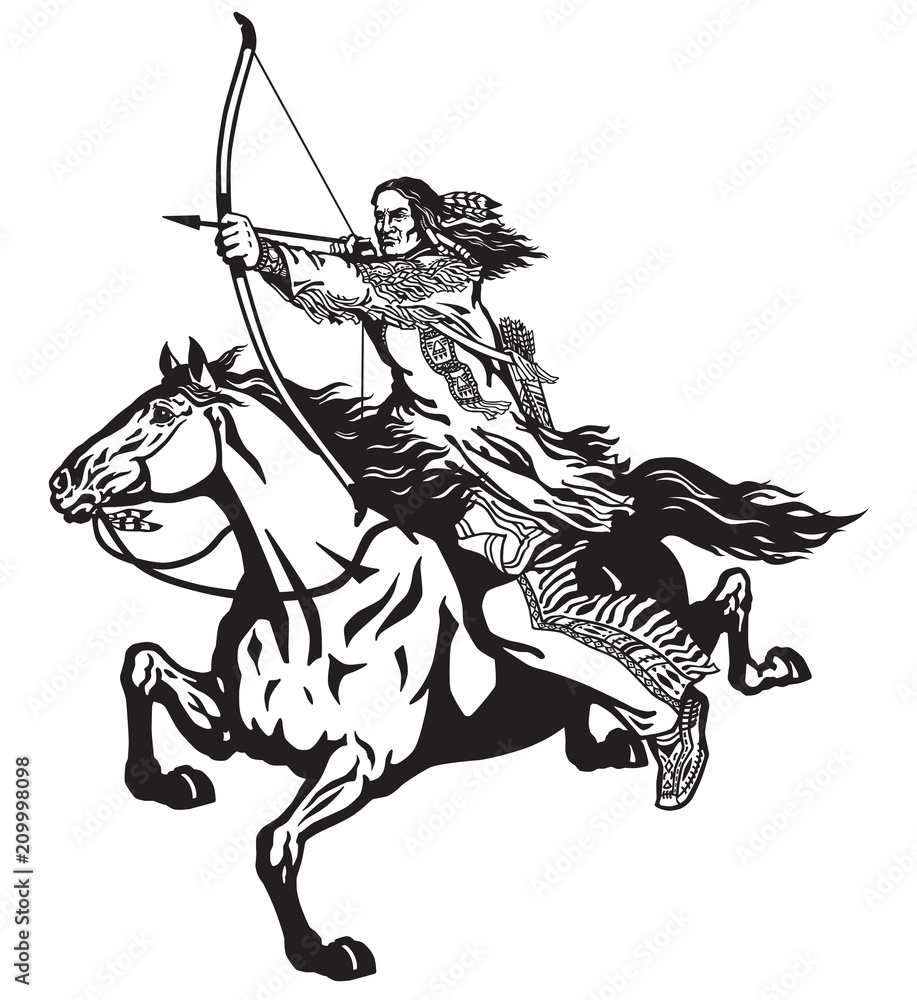 native Indian archer on a horseback riding a pony horse and shooting a ...