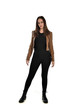 © faestock - full length portrait of brunette girl wearing brown leather jacket.   standing pose on white background.