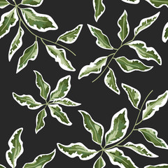 Wall Mural - pattern of green leaves on a gray background, watercolor style.