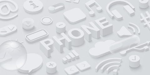 Wall Mural - grey 3d phone background with web symbols.
