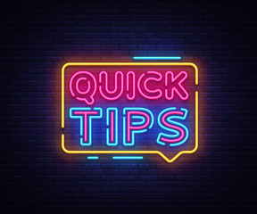 Quick Tips neon signs vector. Quick Tips Design template neon sign, light banner, neon signboard, nightly bright advertising, light inscription. Vector illustration