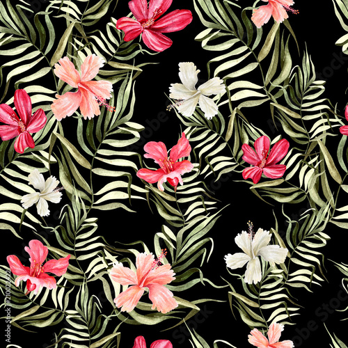Beautiful bright watercolor pattern with flowers of hibiscus and tropical leaves