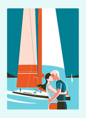 Couple kissing on background of sea and sailing yacht