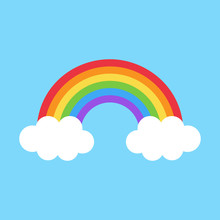Simple Colorful Cute Rainbow Vector Illustration. Rainbow With Two White Clouds On Light Blue Background.