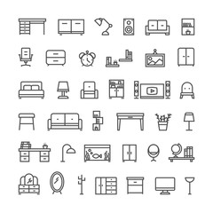 Furniture line icons. Collection of home furniture icons, set of minimalistic Illustrations of furniture and elements for living room and bedroom, vector icons isolated on white