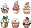 Set of hand drawn cupcakes on white background.
