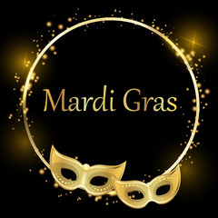 Wall Mural - Black mardi gras carnival background with gold masks.