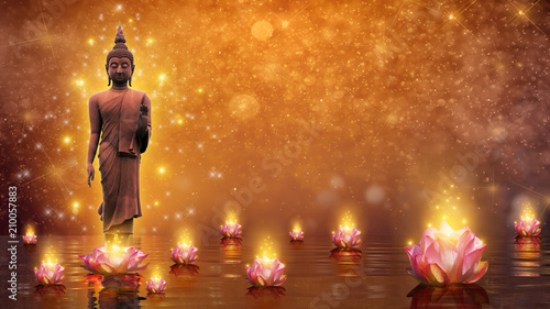 Fotografía Buddha statue water lotus Buddha standing on lotus flower on orange background