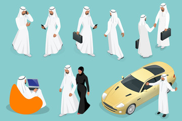 Wall Mural - Isometric businessman Saudi Arab man and woman character design with different poses, car on blue background isolated vector illustration. Arabic Business man on Traditional National Muslim Clothes.