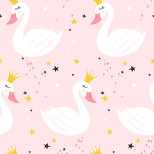 Seamless Pattern With Cute Princess Swan On Pink Background. Vector Illustration