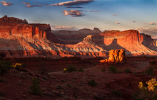 Glorious Sunset On The Rock Formations Of Capitol Reef National Park In Utah , USA.