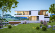 © korisbo - 3d rendering of modern house by the river at evening