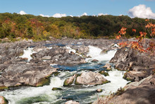 Potomac River. Rapids And Waterfalls. Landscape With River,Trees And Blue Sky.