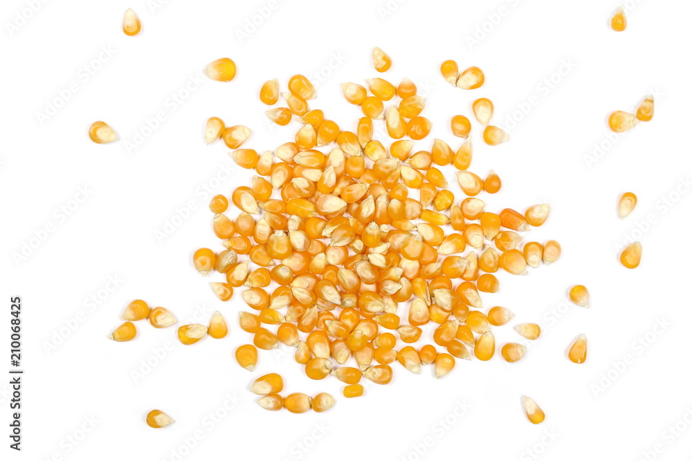 Yellow grain corn isolated on white background and texture, for popcorn, top view - obrazy, fototapety, plakaty 