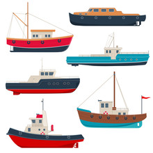 Set Of Different Working Fishing Boats And Tug Boats