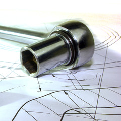 measuring tools scattered in the drawing, engineering work on the project