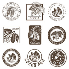 Collection Of Labels With Cocoa Beans And Leaves