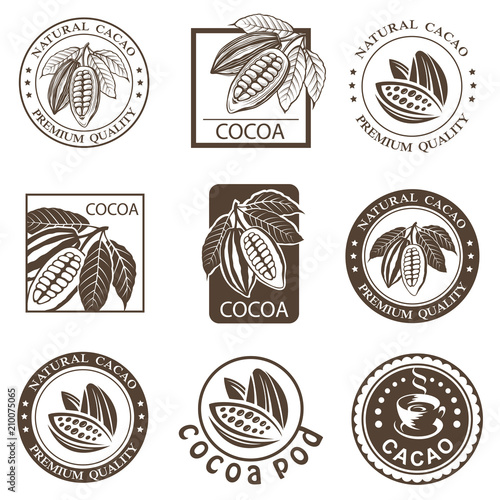 Fotografía collection of labels with cocoa beans and leaves