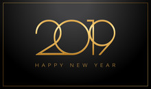 2019 Happy New Year Greeting Card Gold And Black Background - Vector