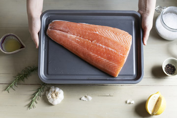Wall Mural - Raw salmon on a tray food photography recipe idea