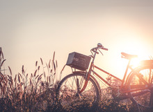 Beautiful Landscape Image With Bicycle At Sunset On Glass Field Meadow ; Summer Or Spring Season Background