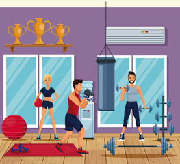 Canvas Print - Fitness people training inside gym vector illustration graphic design