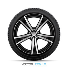 Realistic Aluminum Car Wheel With Tire Style Sport Racing On White Background Vector Illustration.