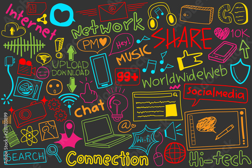 Social Media And Technology Network Doodle Icon In Chalkboard Colorful Style With Typography On Black Background Vector Illustration Buy This Stock Vector And Explore Similar Vectors At Adobe Stock Adobe Stock,Bar Wallpaper For Walls