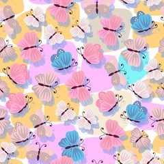 Naklejka na meble Butterflies and their shadows on a multicolored patchwork background. Vector spring design. Gentle seamless pattern.
