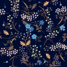 Seamless Floral Pattern With 3d Effect. Beautful Spring Design. Stylized Flax And Umbrella Flowers, Green Bird Cherry Berries And Leaves On Dark Blue Background.