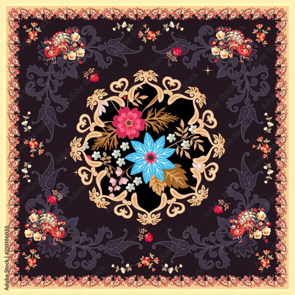 Square silk scarf in indian style with mandala, paisley, flowers and ...